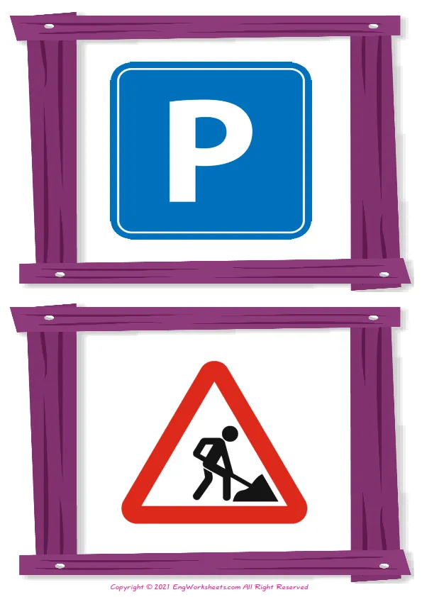 Wordless Road Signs vocabulary worksheet with two images per page Worksheet Preview