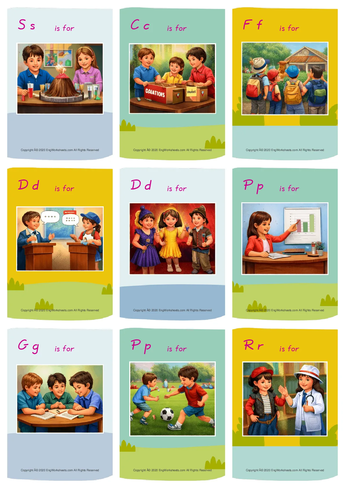 Wordless School Life (Activities) vocabulary worksheet with nine images per page Worksheet Preview