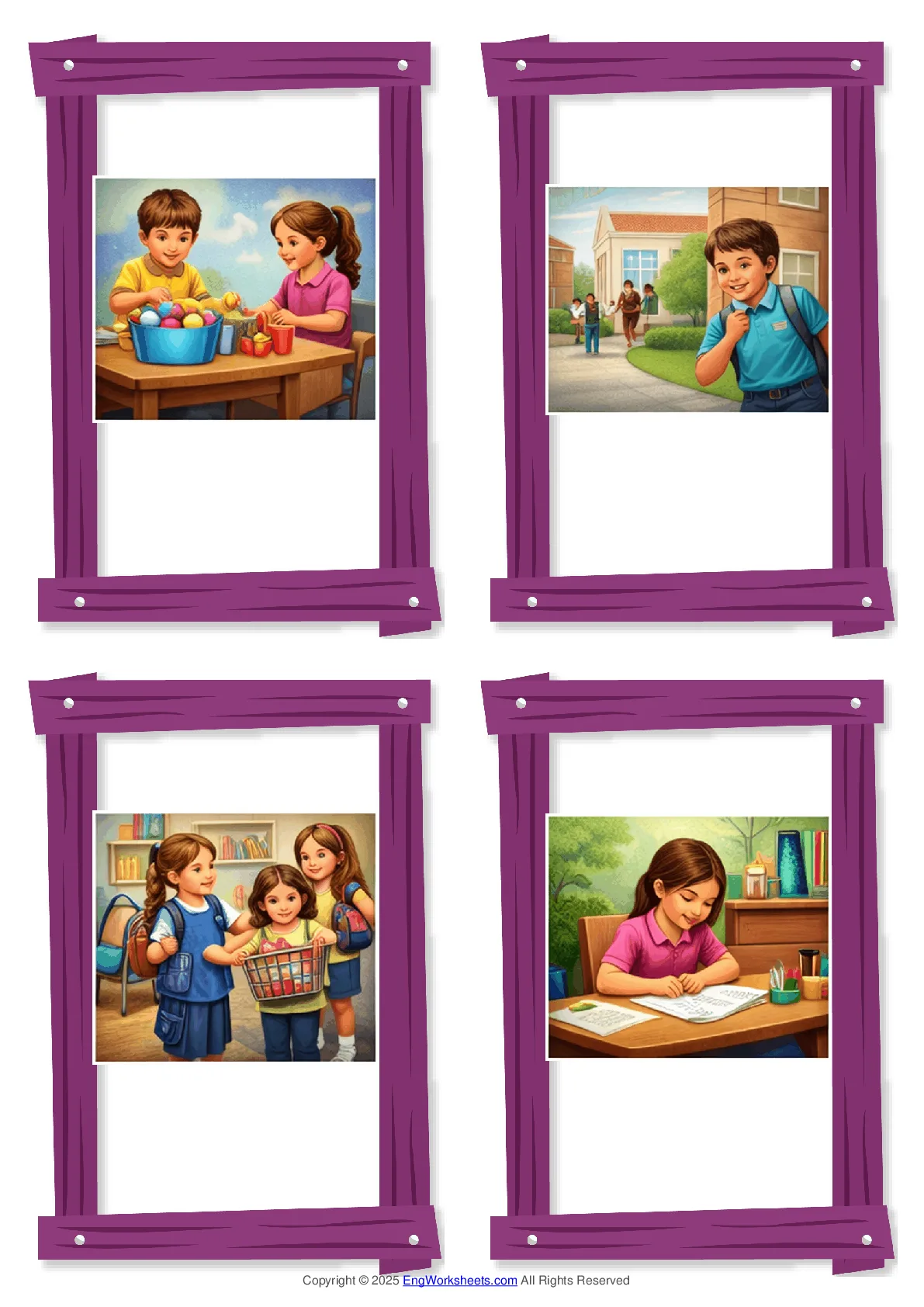 Wordless School Life (Rules & Expectations) vocabulary worksheet with four images per page Worksheet Preview