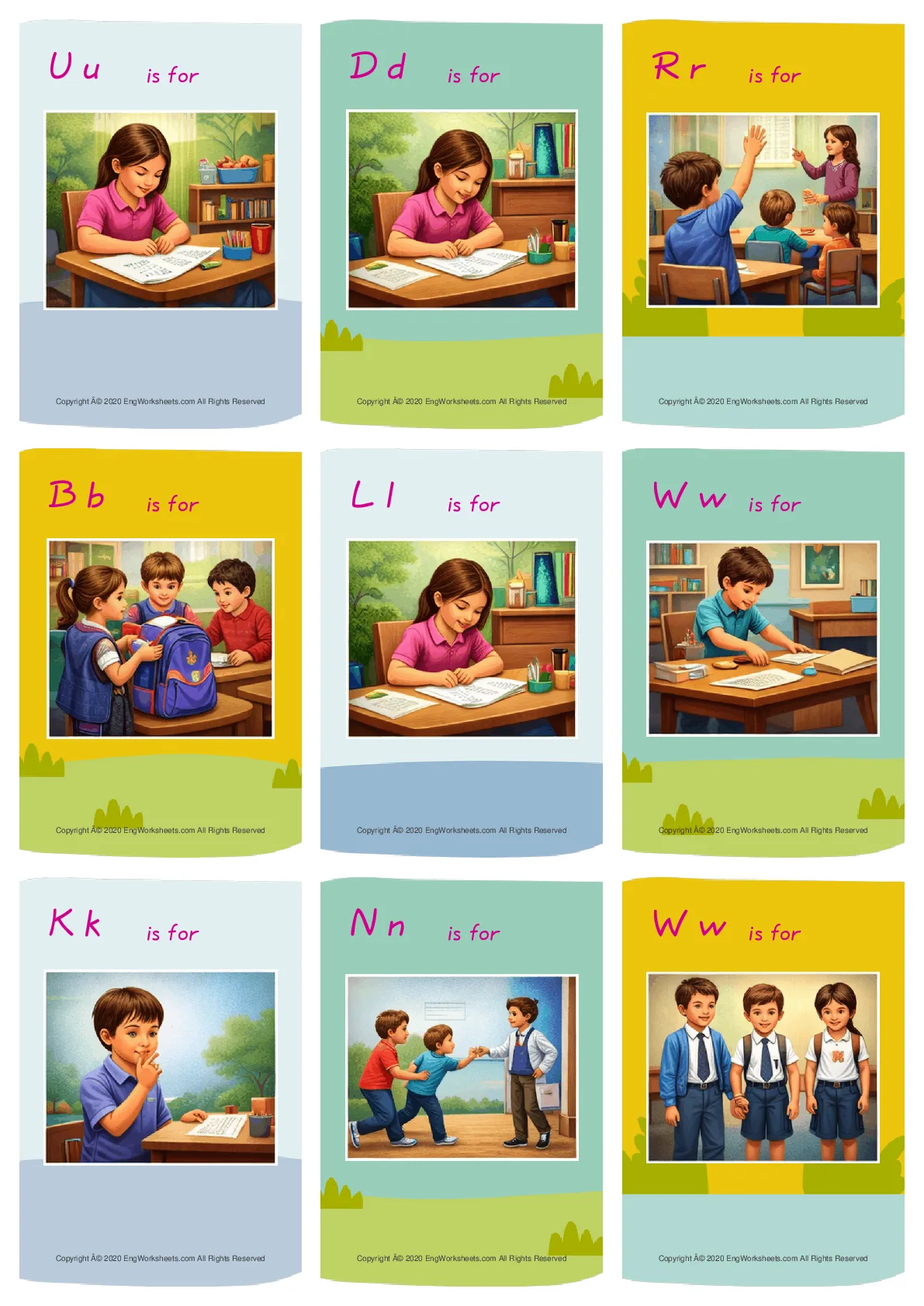 Wordless School Life (Rules & Expectations) vocabulary worksheet with nine images per page Worksheet Preview