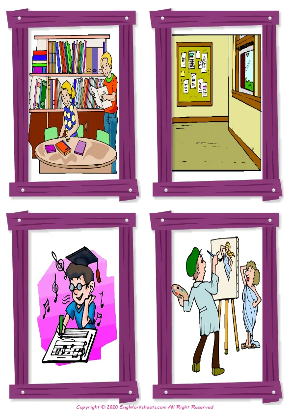 Wordless School Parts vocabulary worksheet with four images per page Worksheet Preview