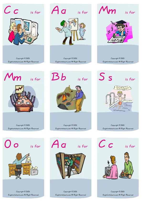 Wordless School Parts vocabulary worksheet with nine images per page
