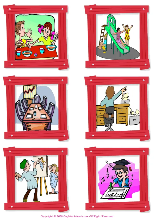 Wordless School Parts vocabulary worksheet with six images per page Worksheet Preview