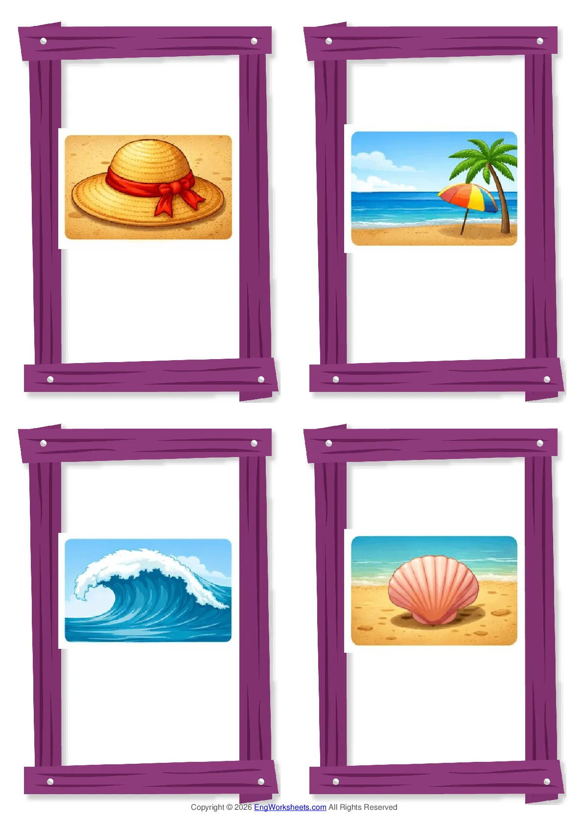 Wordless Seaside vocabulary worksheet with four images per page Worksheet Preview