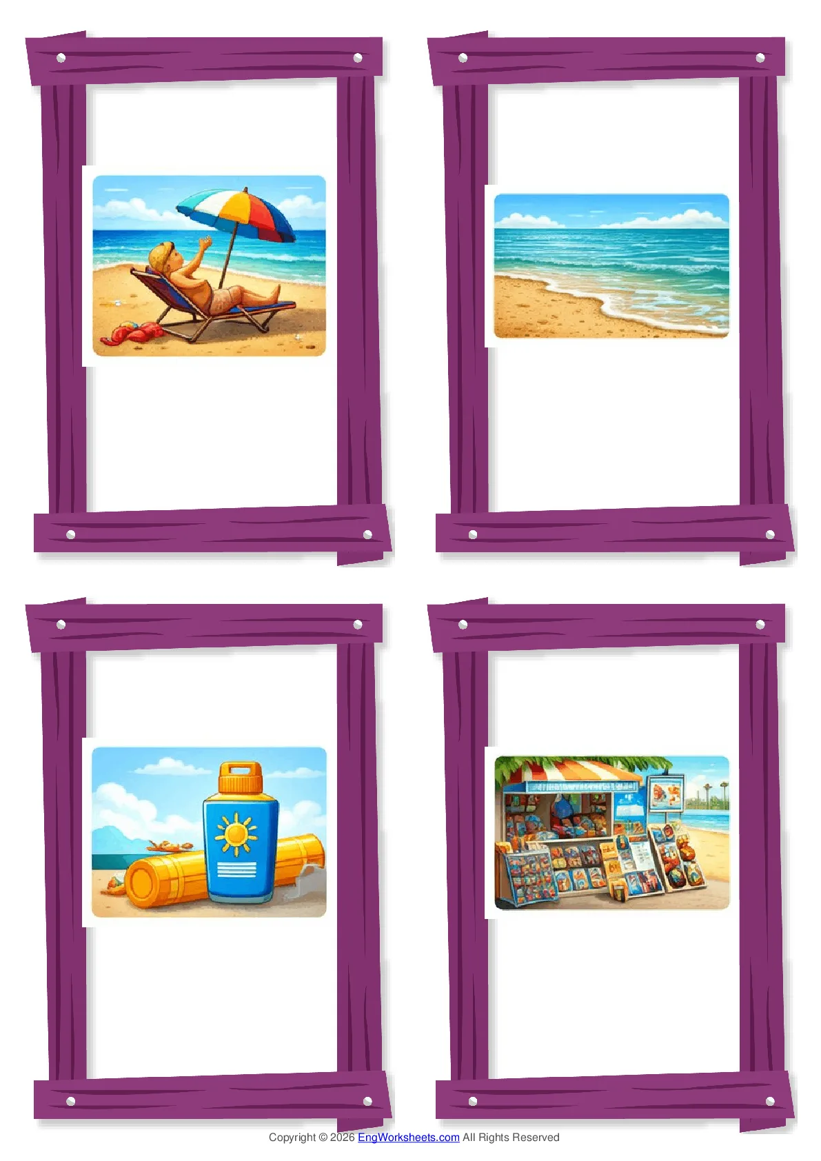 Wordless Seaside vocabulary worksheet with four images per page Worksheet Preview