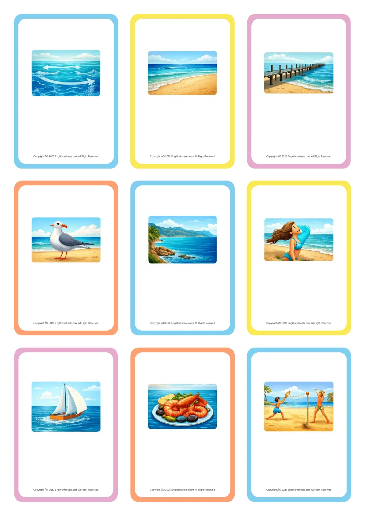 Wordless Seaside vocabulary worksheet with nine images per page
