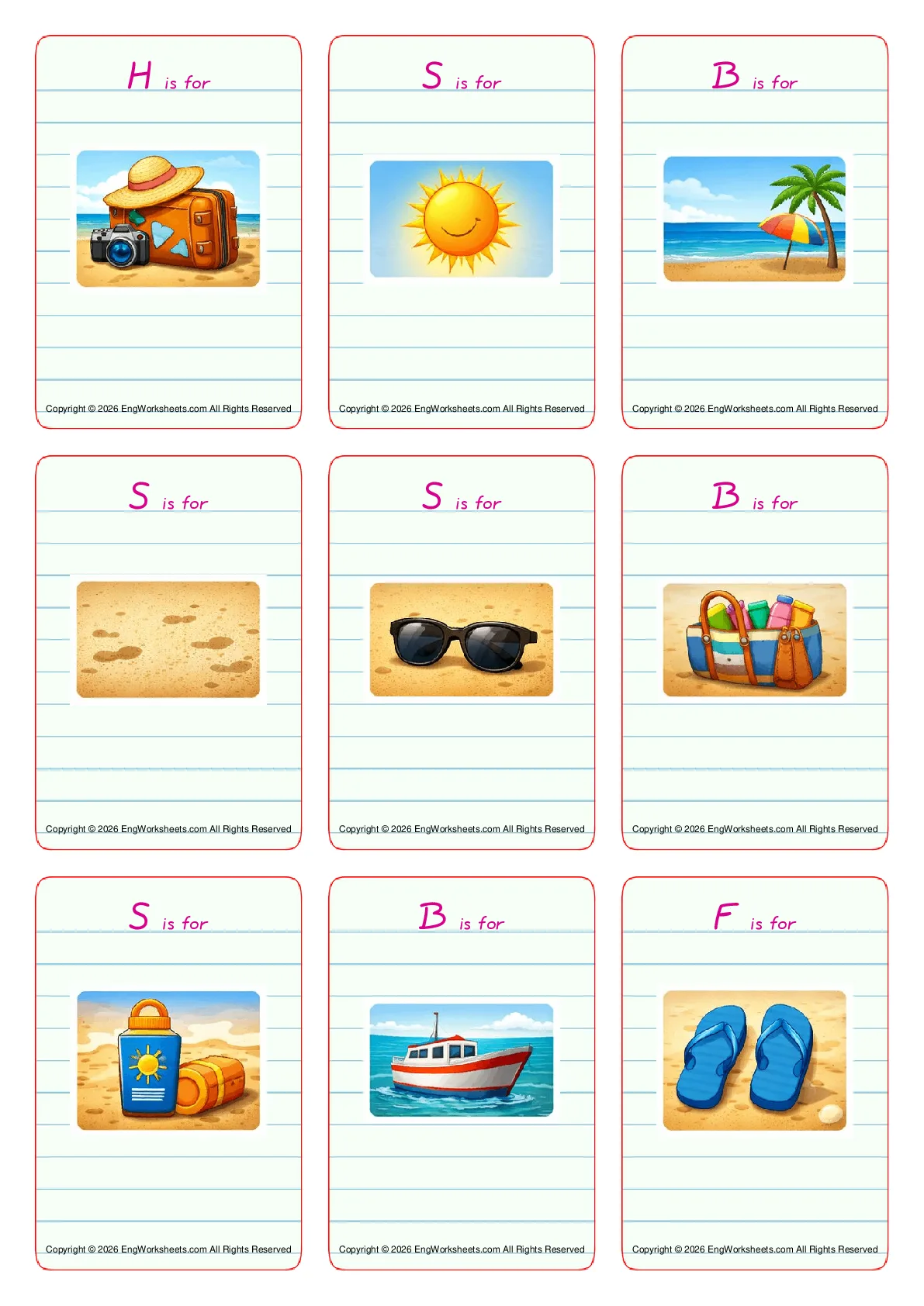 Wordless Seaside vocabulary worksheet with nine images per page Worksheet Preview