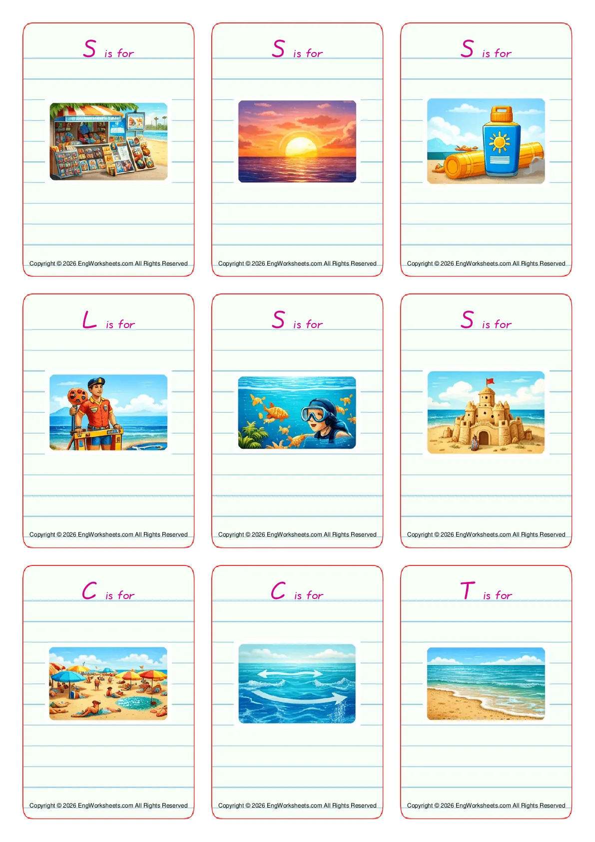Wordless Seaside vocabulary worksheet with nine images per page