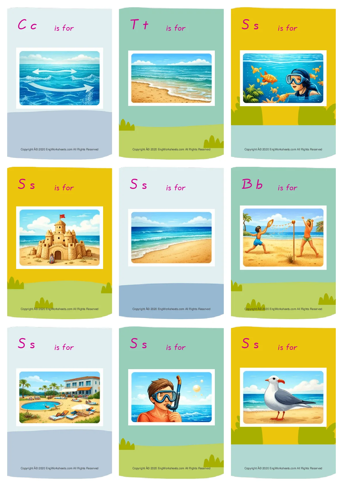 Wordless Seaside vocabulary worksheet with nine images per page