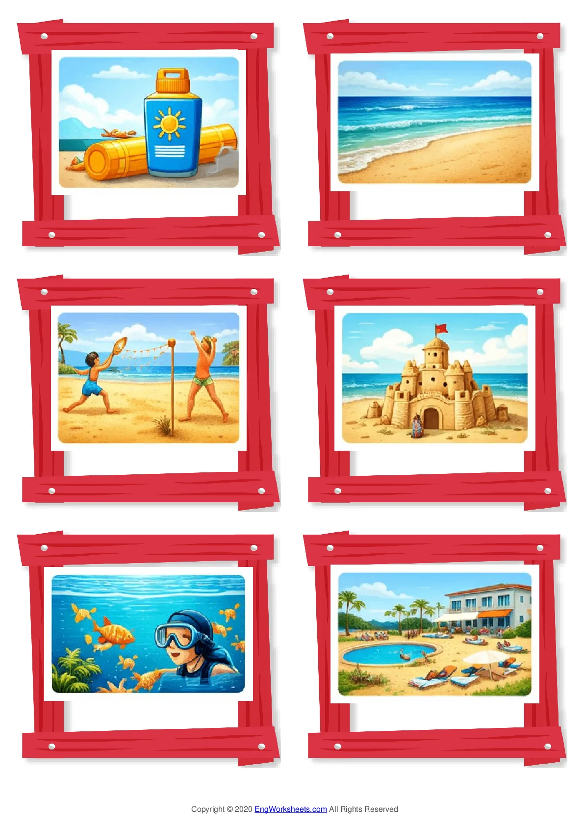 Wordless Seaside vocabulary worksheet with six images per page