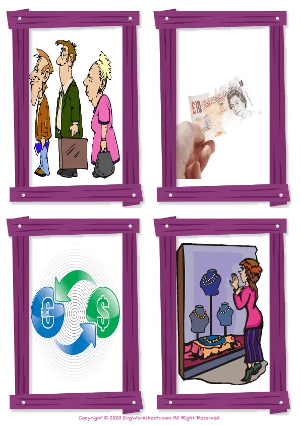 Wordless Shopping vocabulary worksheet with four images per page Worksheet Preview