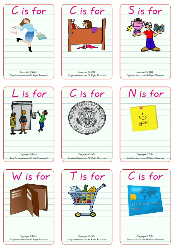 Wordless Shopping vocabulary worksheet with nine images per page Worksheet Preview
