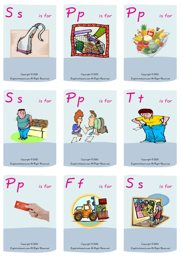 Wordless Shopping vocabulary worksheet with nine images per page Worksheet Preview