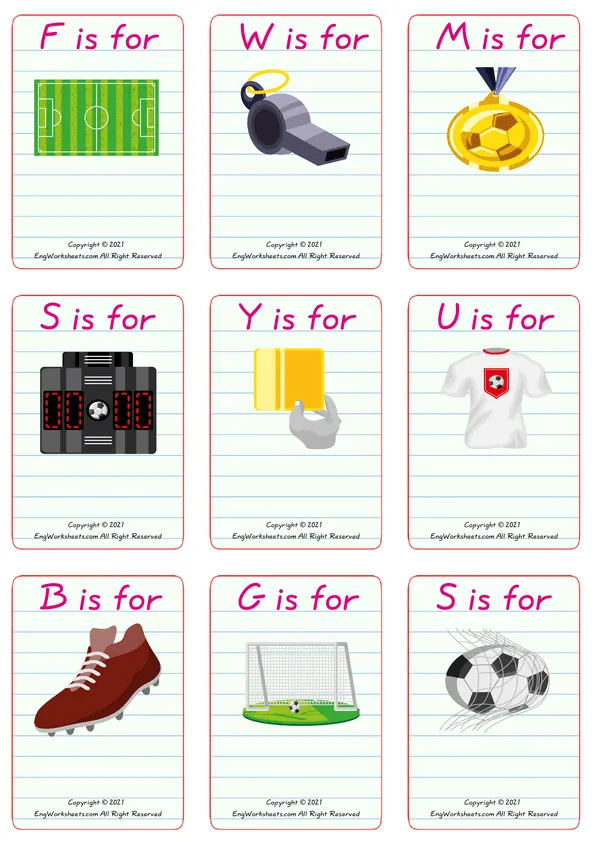 Wordless Soccer vocabulary worksheet with nine images per page Worksheet Preview