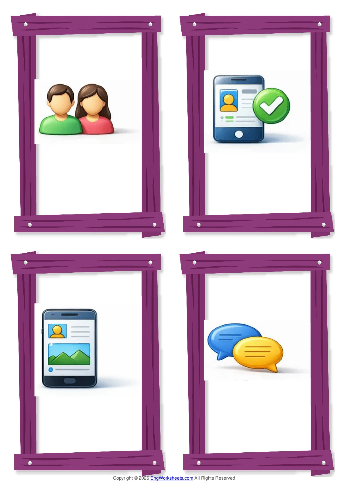 Wordless Social Media vocabulary worksheet with four images per page Worksheet Preview