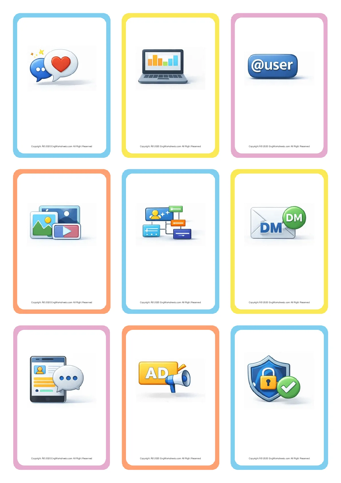 Wordless Social Media vocabulary worksheet with nine images per page Worksheet Preview