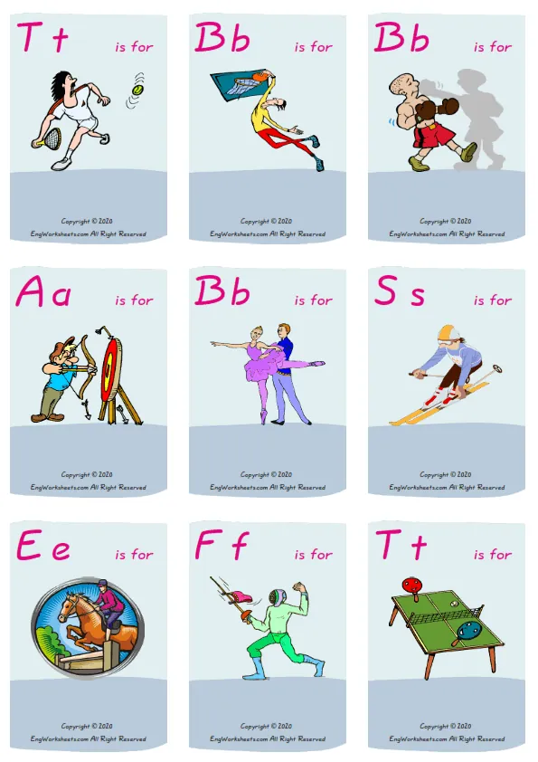 Wordless Sports vocabulary worksheet with nine images per page Worksheet Preview