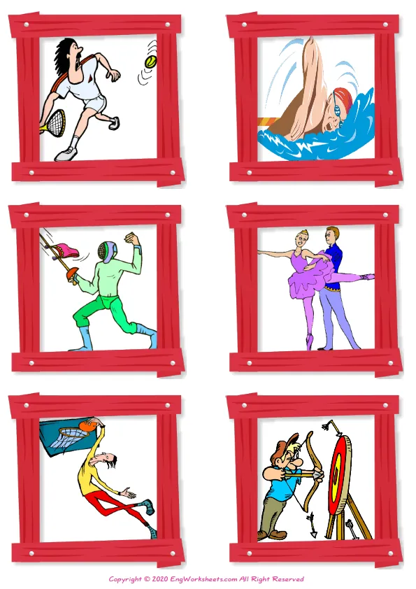 Wordless Sports vocabulary worksheet with six images per page Worksheet Preview