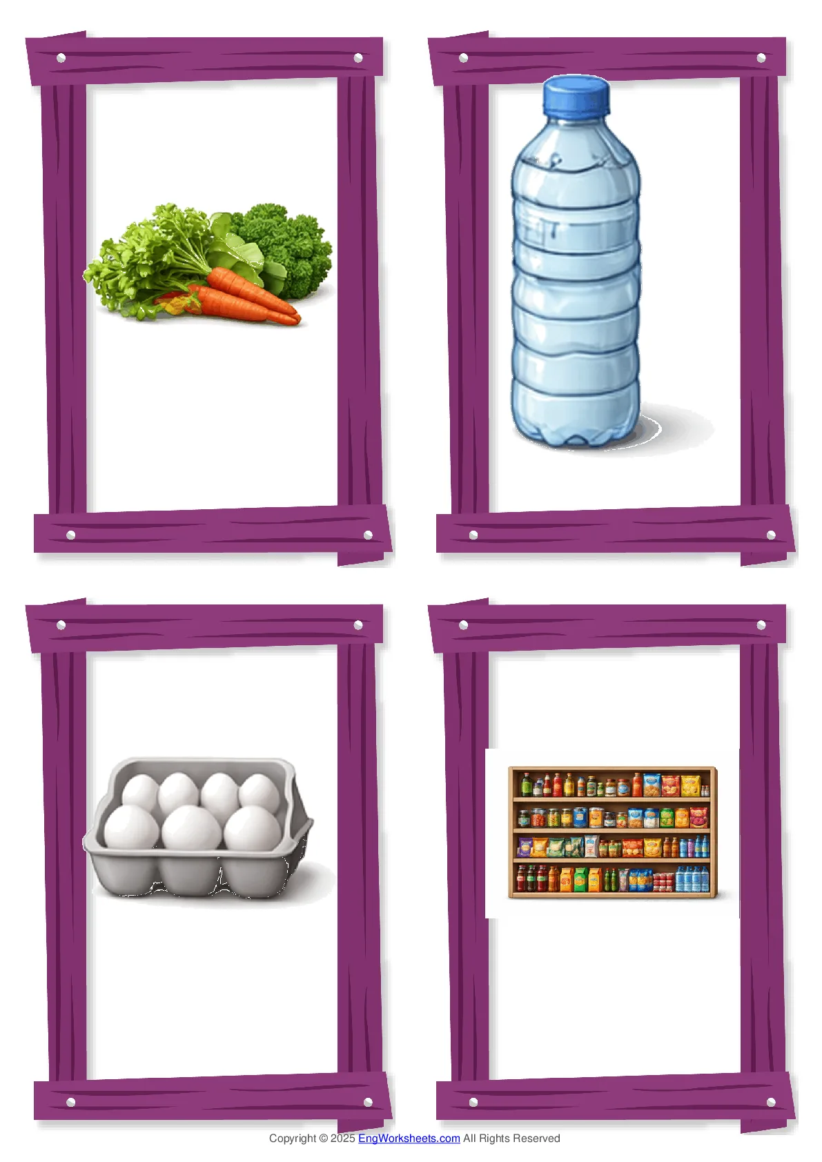 Wordless Supermarket vocabulary worksheet with four images per page Worksheet Preview
