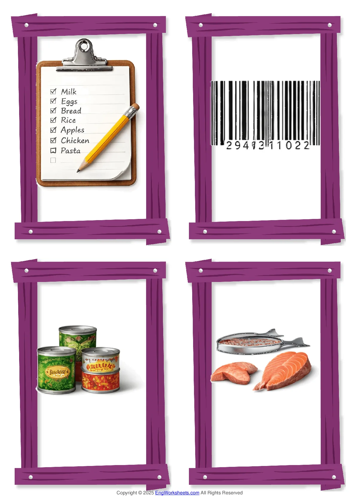 Wordless Supermarket vocabulary worksheet with four images per page Worksheet Preview