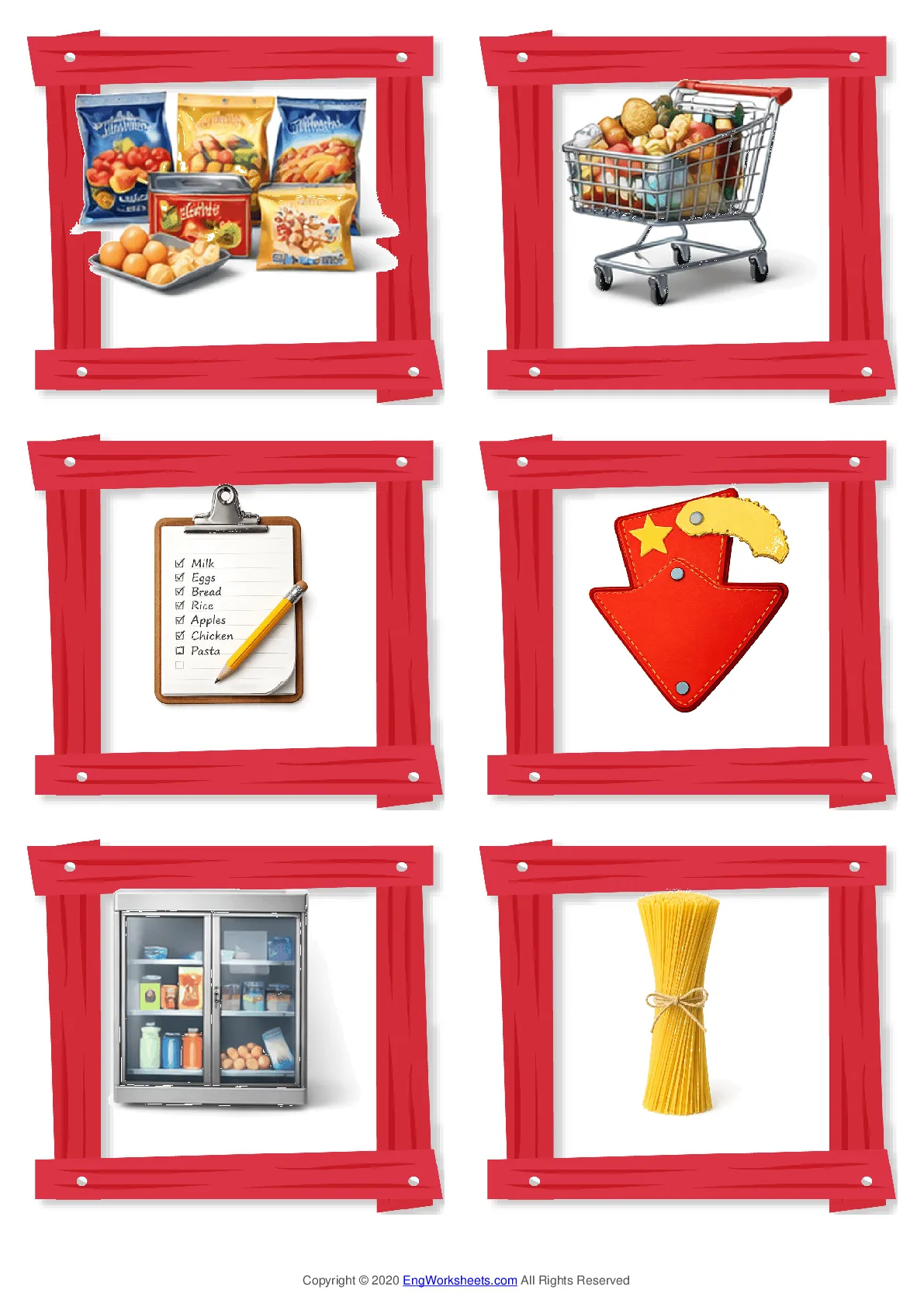 Wordless Supermarket vocabulary worksheet with six images per page Worksheet Preview