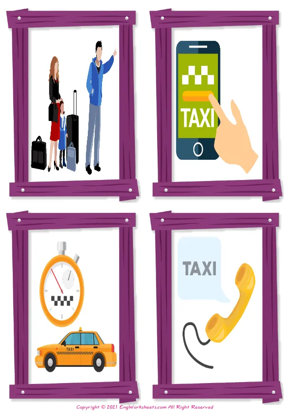 Wordless Taxi vocabulary worksheet with four images per page Worksheet Preview