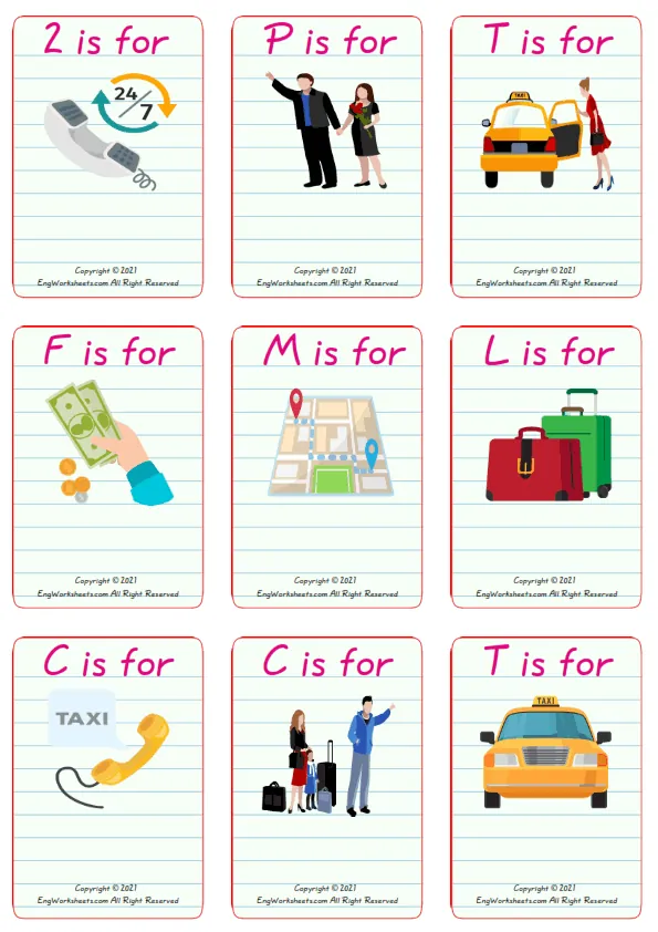 Wordless Taxi vocabulary worksheet with nine images per page Worksheet Preview