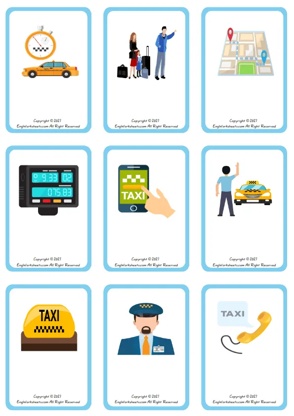 Wordless Taxi vocabulary worksheet with nine images per page Worksheet Preview