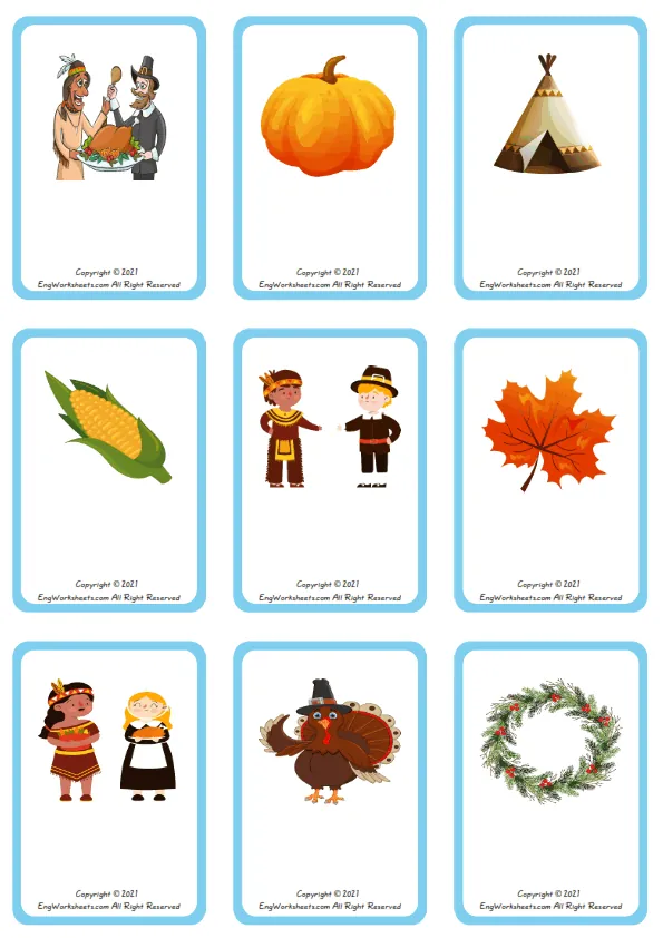 Wordless Thanksgiving vocabulary worksheet with nine images per page Worksheet Preview