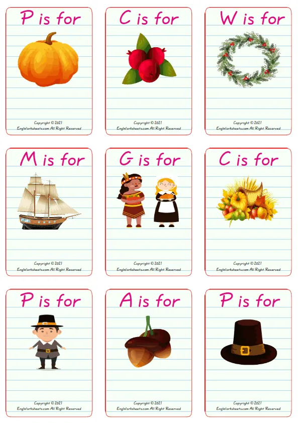 Wordless Thanksgiving vocabulary worksheet with nine images per page Worksheet Preview
