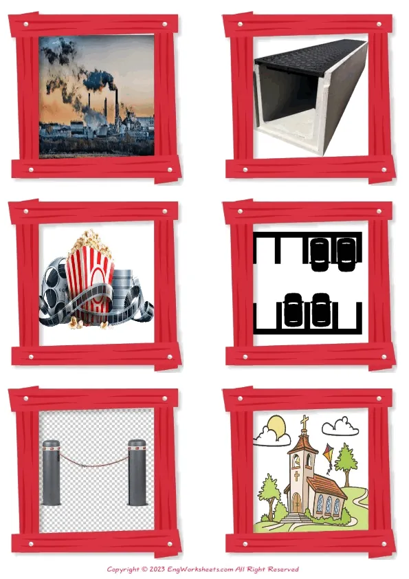 Wordless Town vocabulary worksheet with six images per page Worksheet Preview