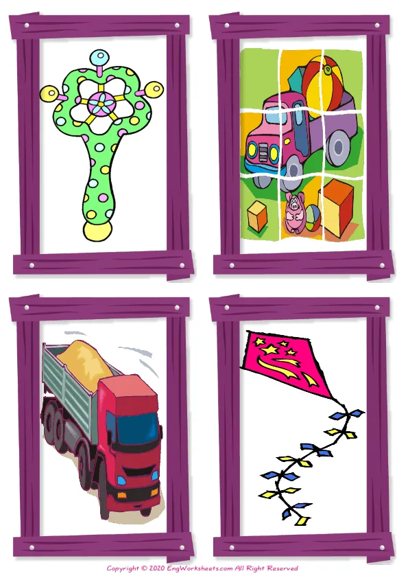 Wordless Toys vocabulary worksheet with four images per page Worksheet Preview