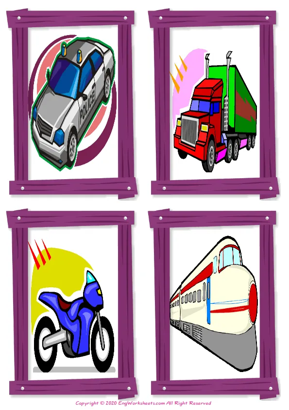 Wordless Transportation vocabulary worksheet with four images per page Worksheet Preview