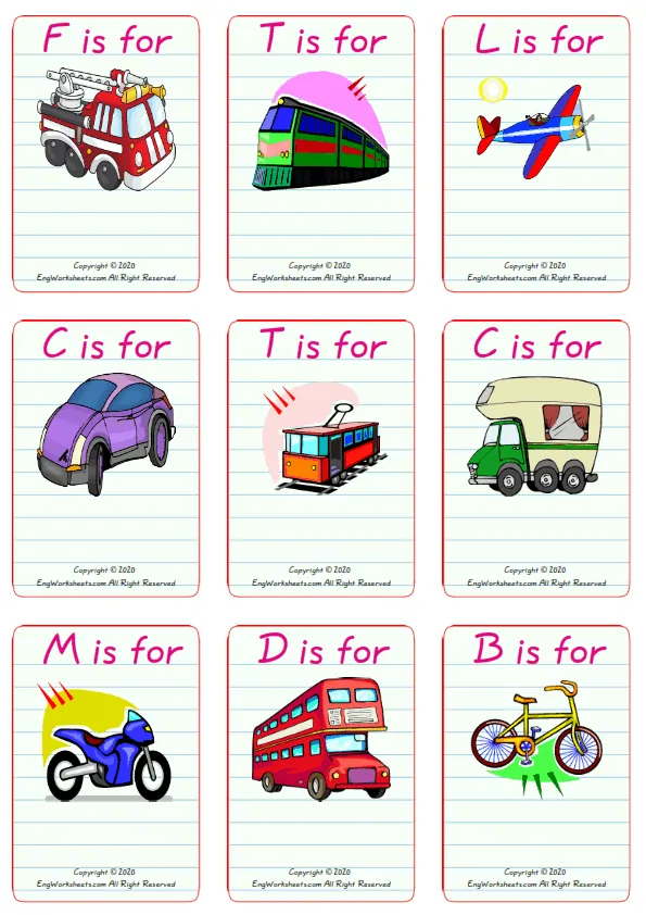 Wordless Transportation vocabulary worksheet with nine images per page Worksheet Preview