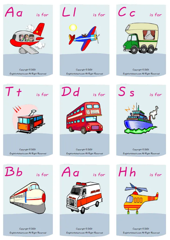 Wordless Transportation vocabulary worksheet with nine images per page Worksheet Preview
