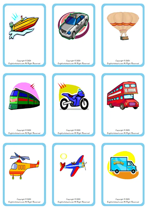 Wordless Transportation vocabulary worksheet with nine images per page Worksheet Preview