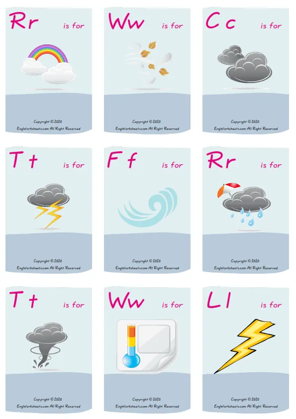 Wordless Weather vocabulary worksheet with nine images per page Worksheet Preview