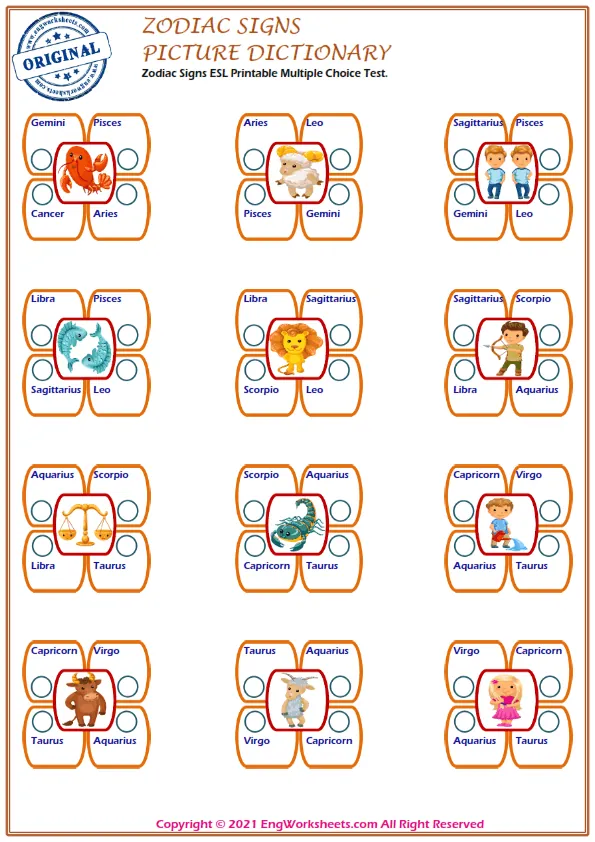 Zodiac Signs vocabulary worksheet with words, nine images per page Worksheet Preview