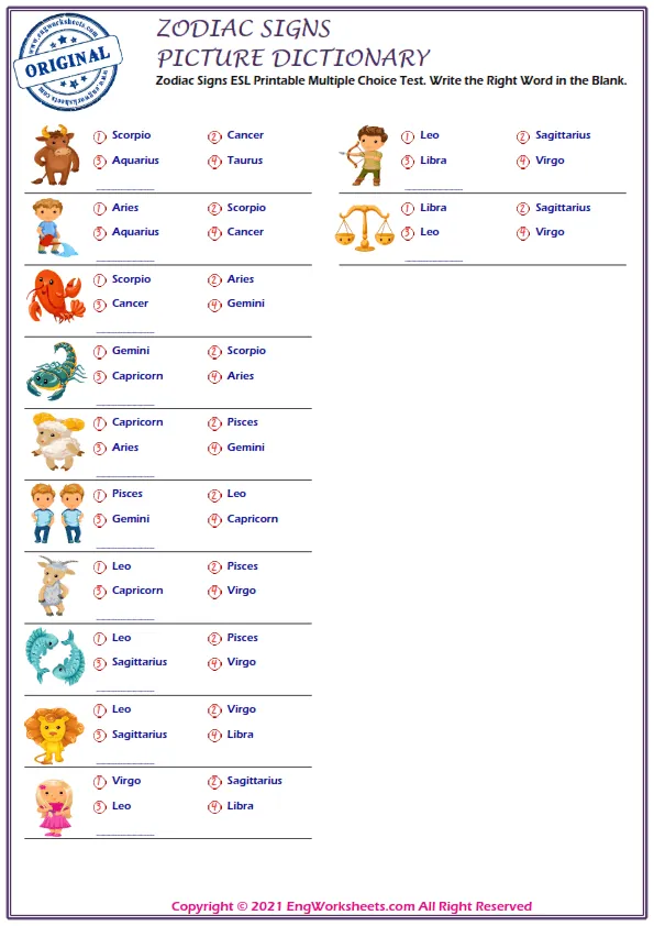 Zodiac Signs ESL Printable Unscramble the Words Worksheet For Kids Worksheet Preview