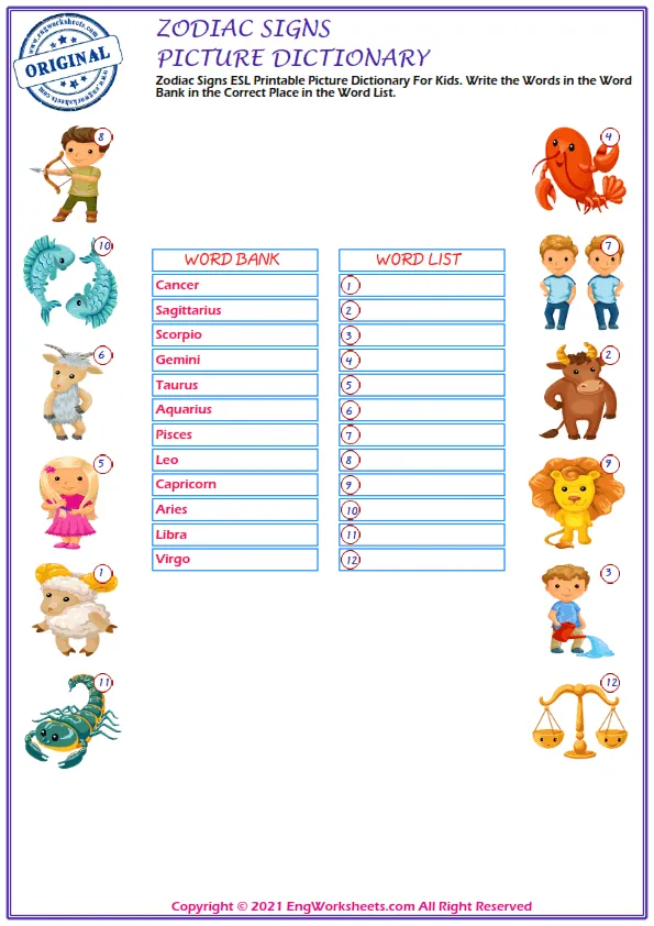 Zodiac Signs ESL snake word writing exercise worksheet. Worksheet Preview