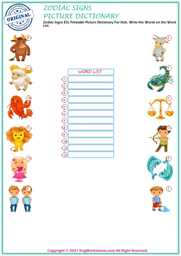 Zodiac Signs English Printable Picture Dictionary Worksheet For Kids Worksheet Preview