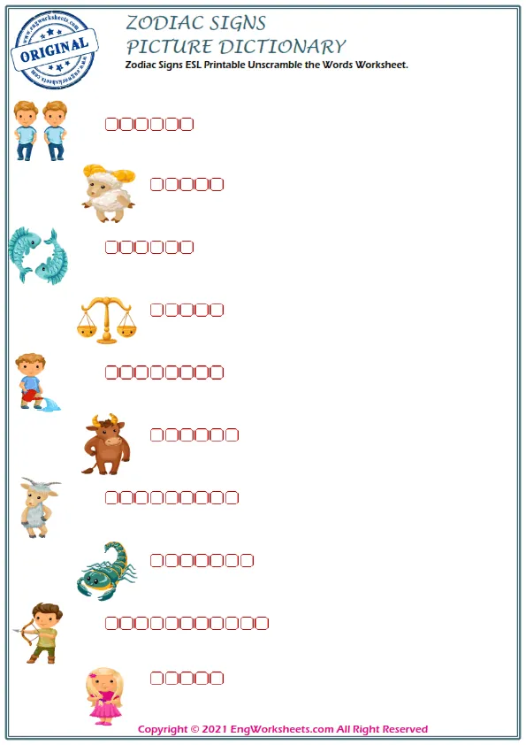 Zodiac Signs vocabulary worksheet with words, six images per page Worksheet Preview