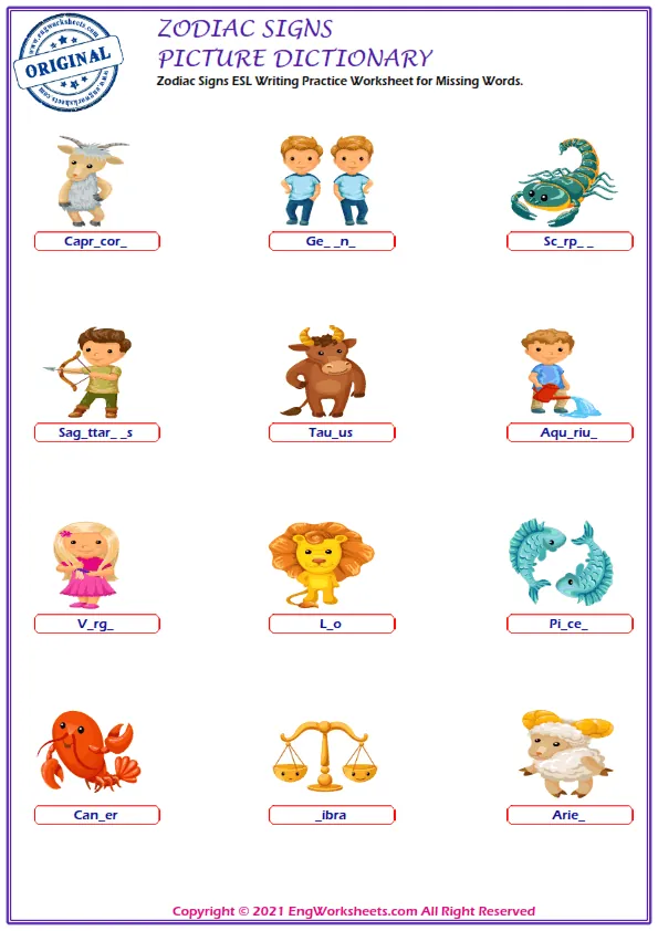 Wordless Zodiac Signs vocabulary worksheet with nine images per page Worksheet Preview