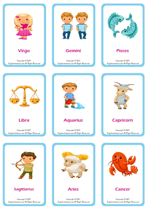 Full-page wordless Zodiac Signs English vocabulary worksheet Worksheet Preview