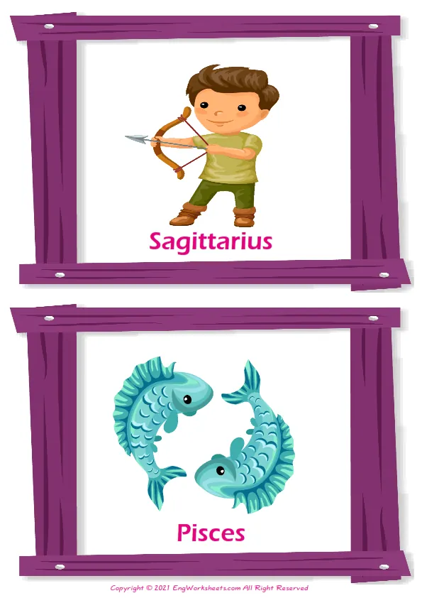 Zodiac Signs ESL Printable Picture Dictionary For Kids. Write the Numbers in the Word List Next to the Pictures. Worksheet Preview