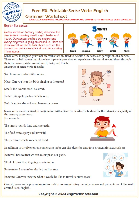  Free Esl Printable Sense Verbs English Grammar Worksheet 