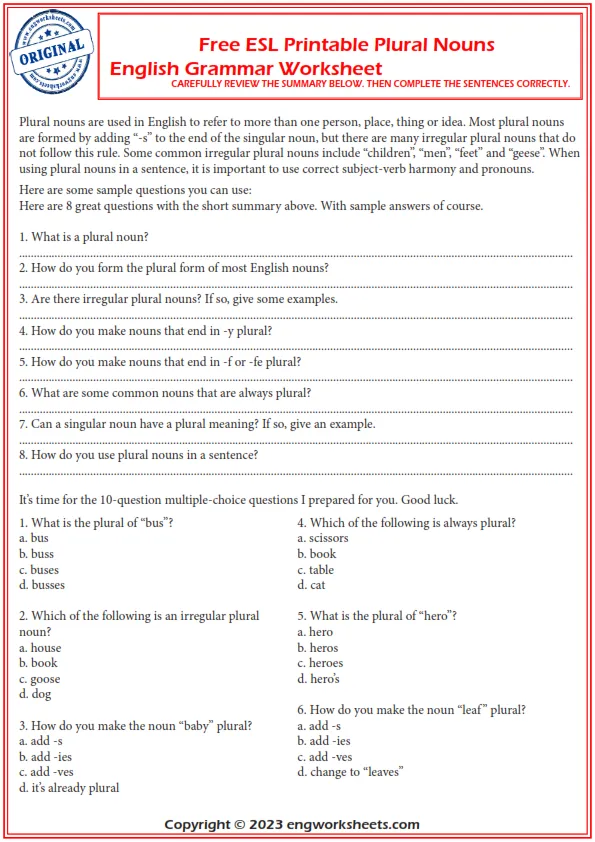  Free Esl Printable Plural Nouns English Grammar Worksheet 