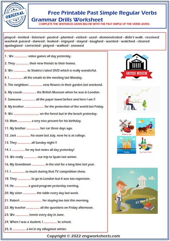  Past Simple Regular Verbs Grammar Drills Worksheet 