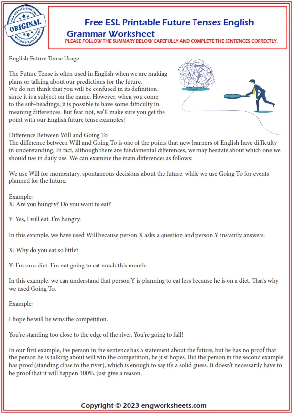  Free Esl Printable Future Tenses English Grammar Worksheet 