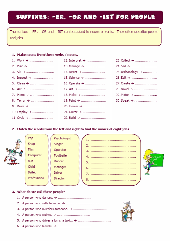  Suffixes - Er, -Or And -Ist For People 